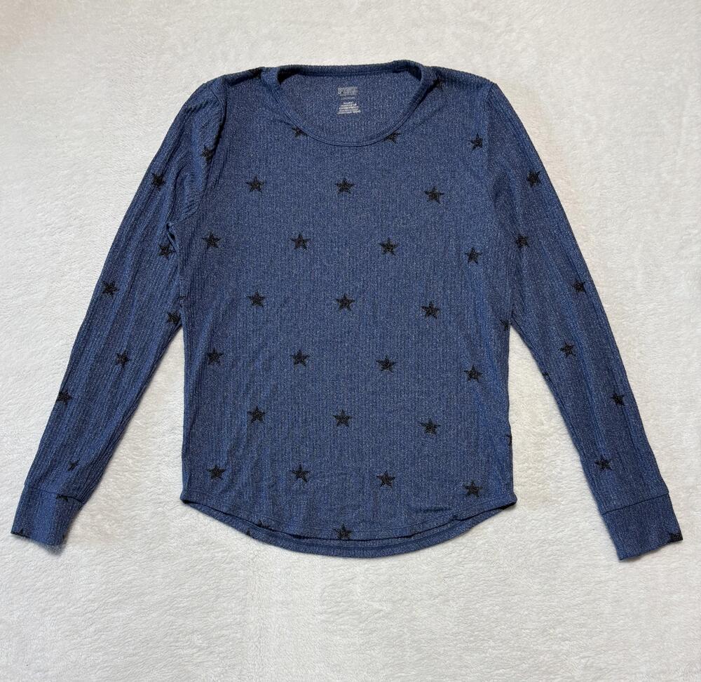 PINK Victoria's Secret Shirt Womens Large Blue Ribbed Thermal Long Sleeve Stars